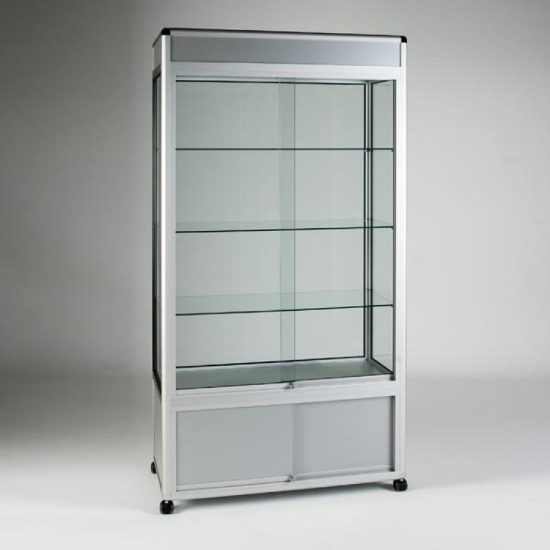 UB15 - 3/4 Display Tower Showcase with Header Panel and Storage